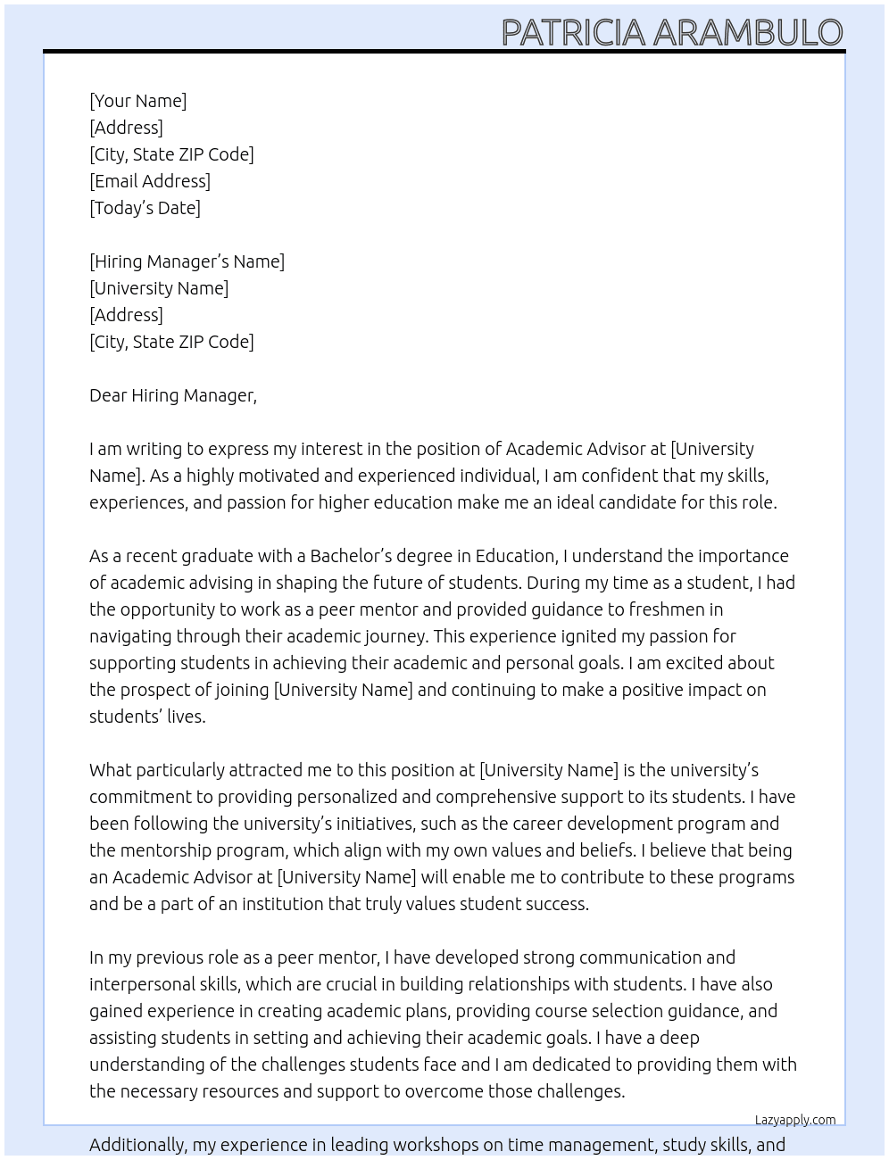 academic advisor  At university  Cover Letter