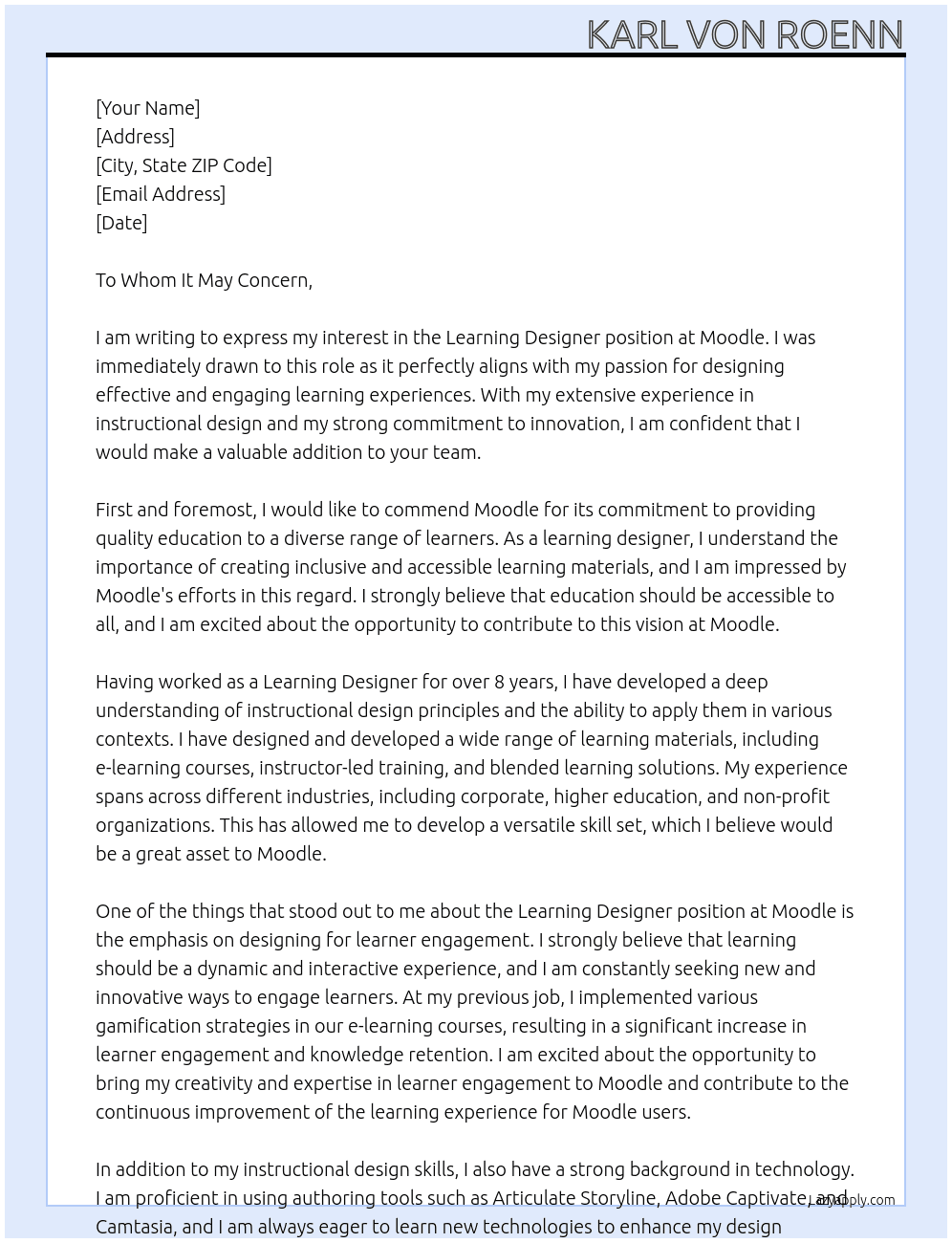 Learning Designer At Moodle Cover Letter