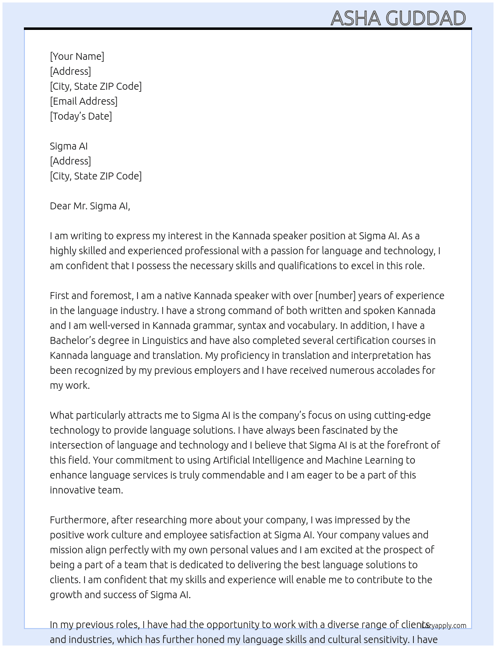 Cover letter for kannada speaker - LazyApply