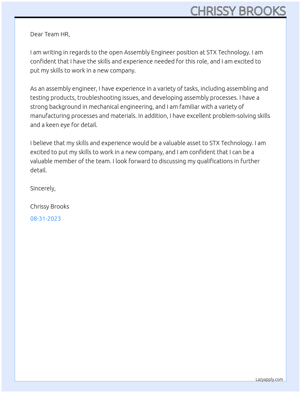 Assembly Engineers  At STX Technology Cover Letter