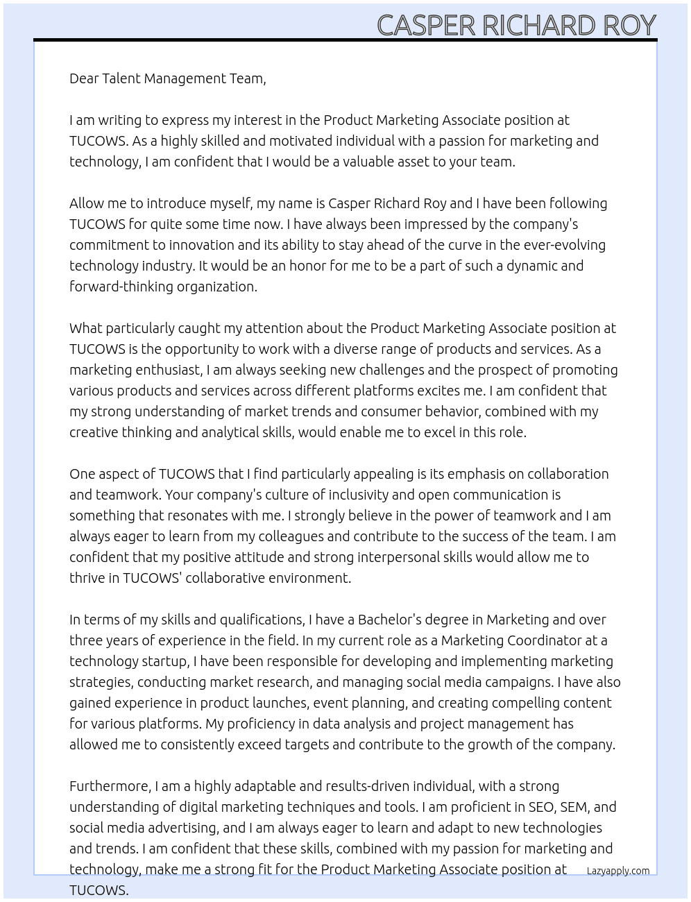 Product Marketing Associate At TUCOWS Cover Letter
