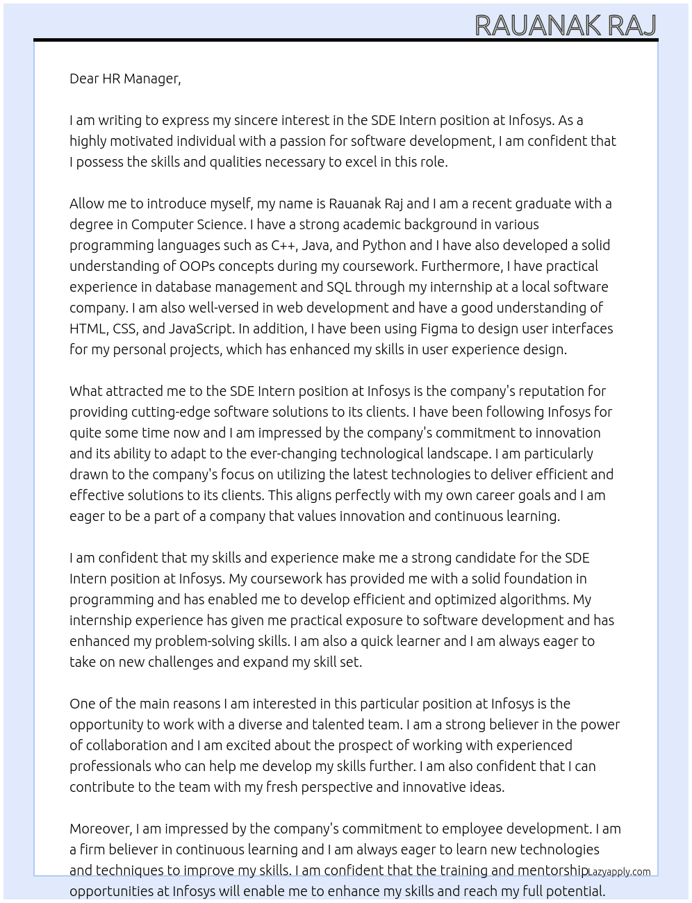 SDE Intern At Infosys Cover Letter