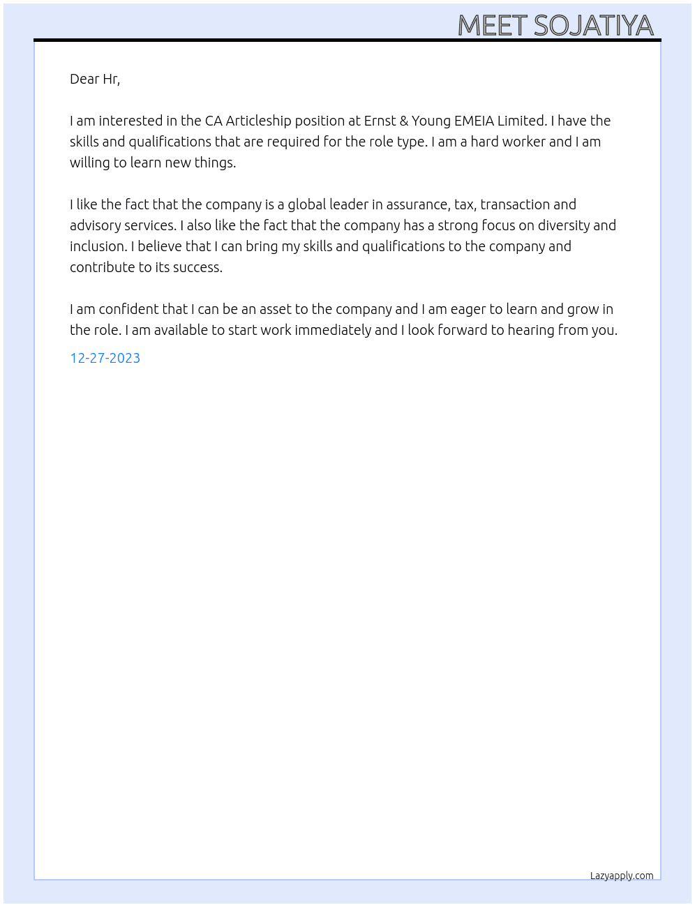 CA Article At Ernst & Young EMEIA Limited Cover Letter