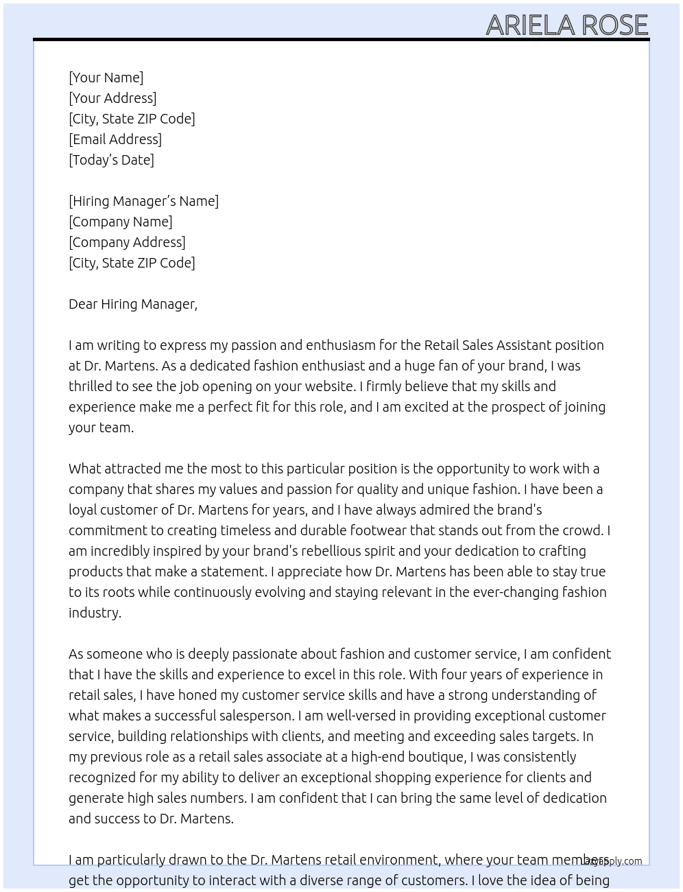 Retail sales assistant At Dr. Martens Cover Letter