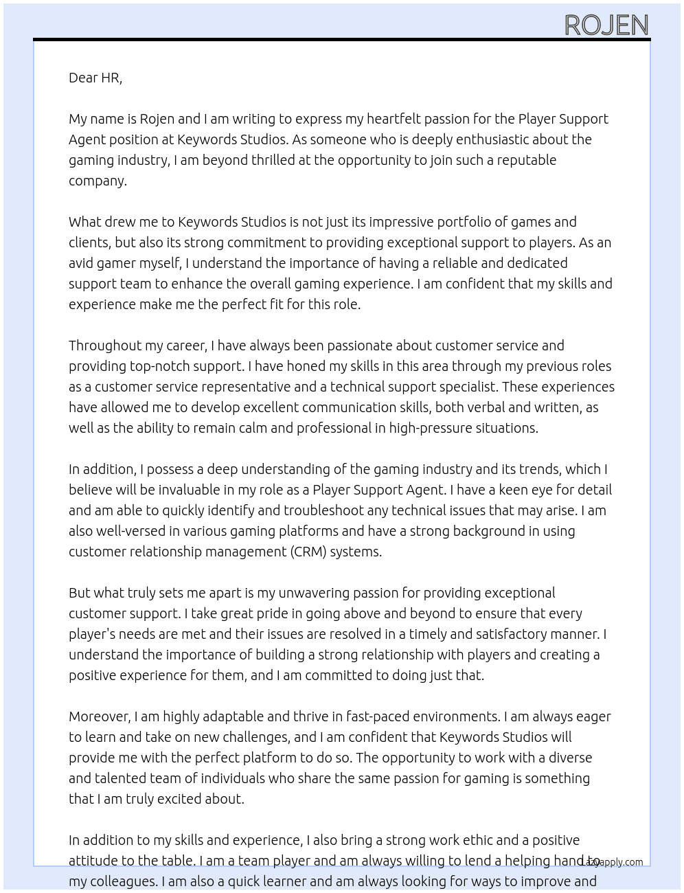Player Support Agent At Keywords Studios Cover Letter