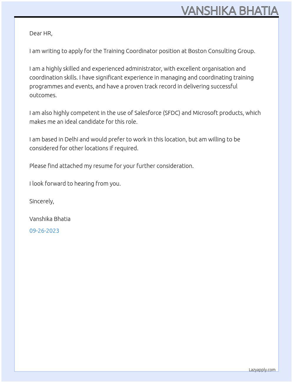 Training Coordinator  At Boston consultancy group  Cover Letter