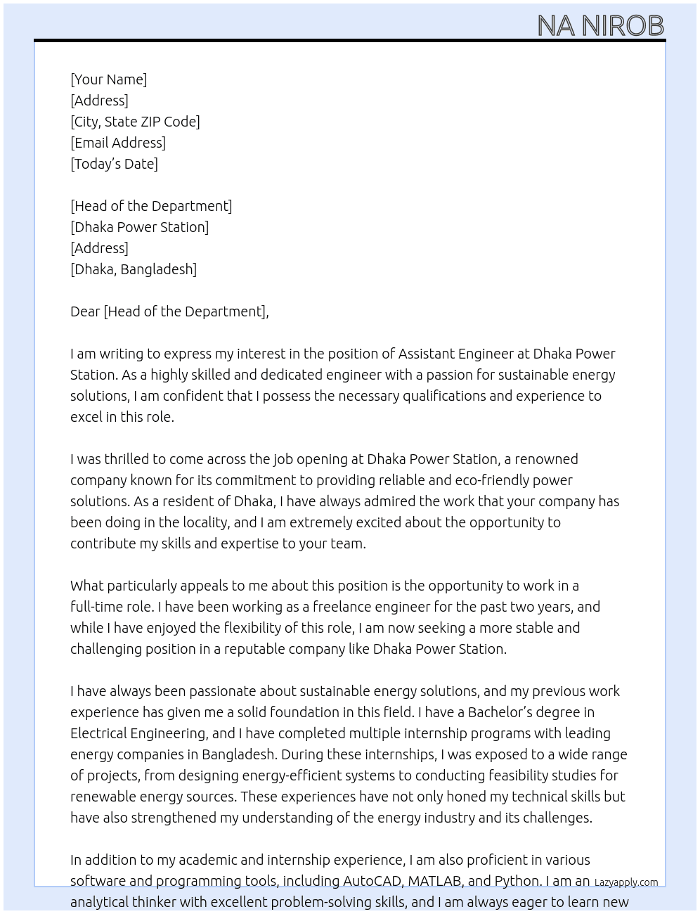 Assistant Engineer  At Dhaka Power Station  Cover Letter
