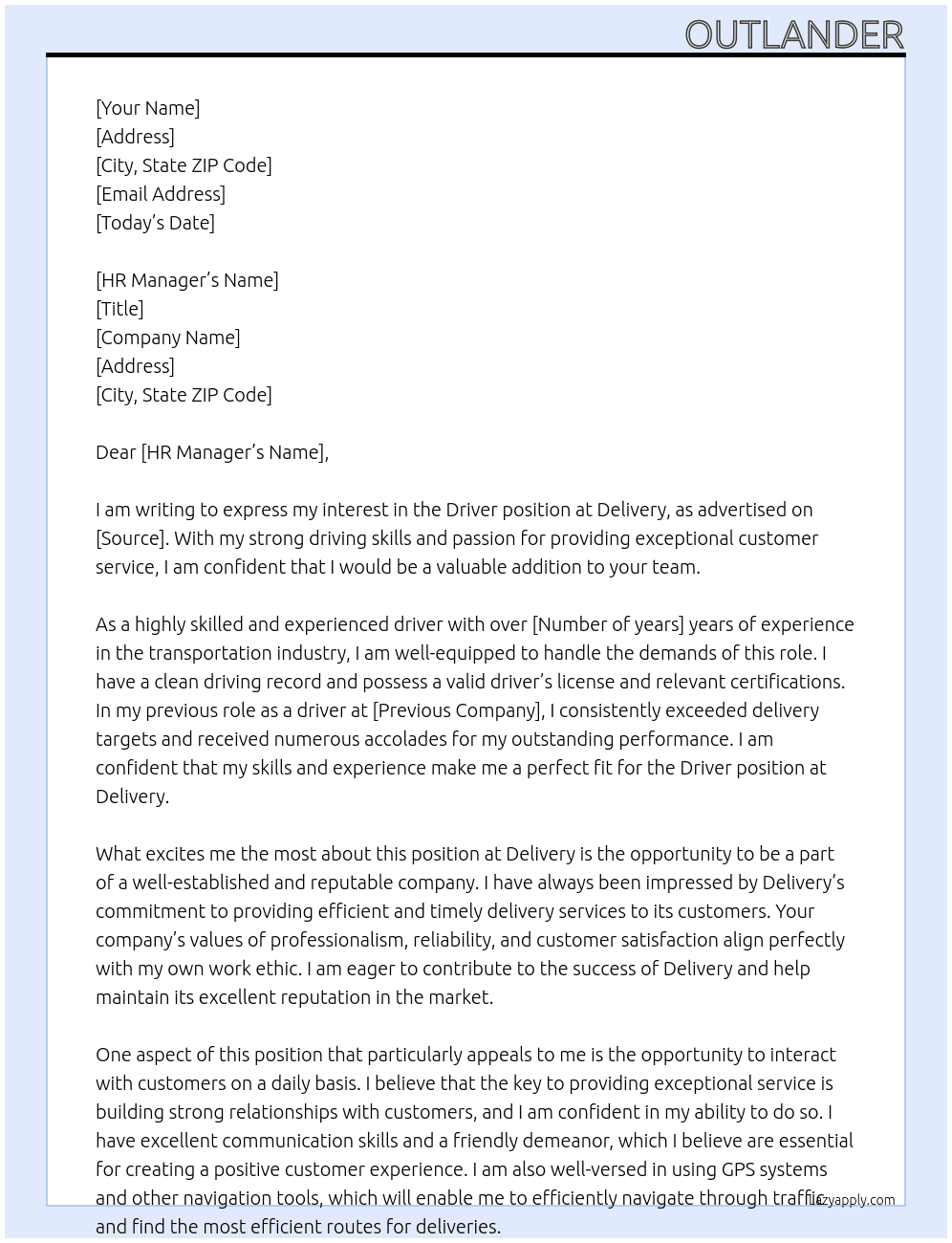 Driver  At Delivery  Cover Letter