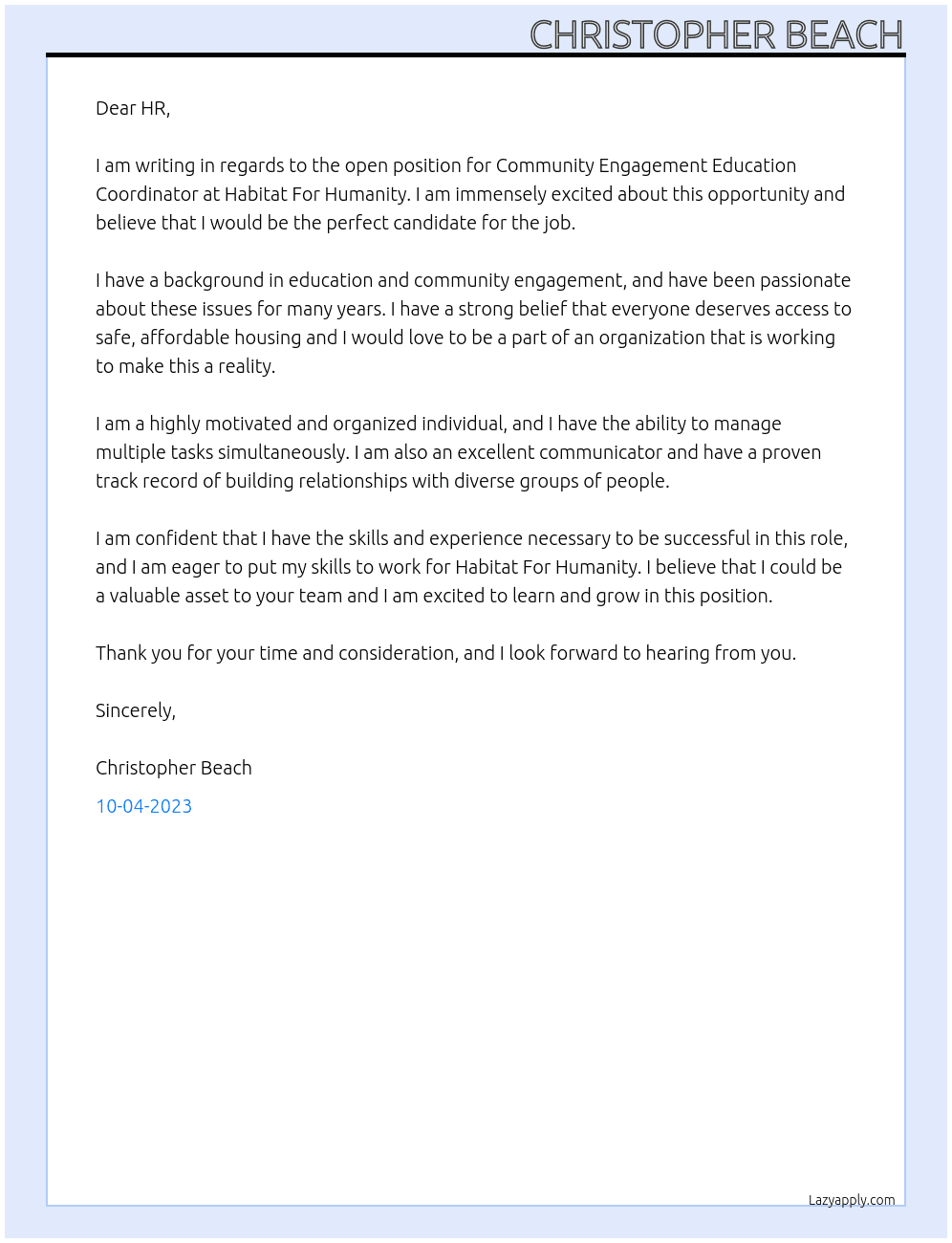 Community Engagement Education Coordinator At Habitat For Humanity  Cover Letter