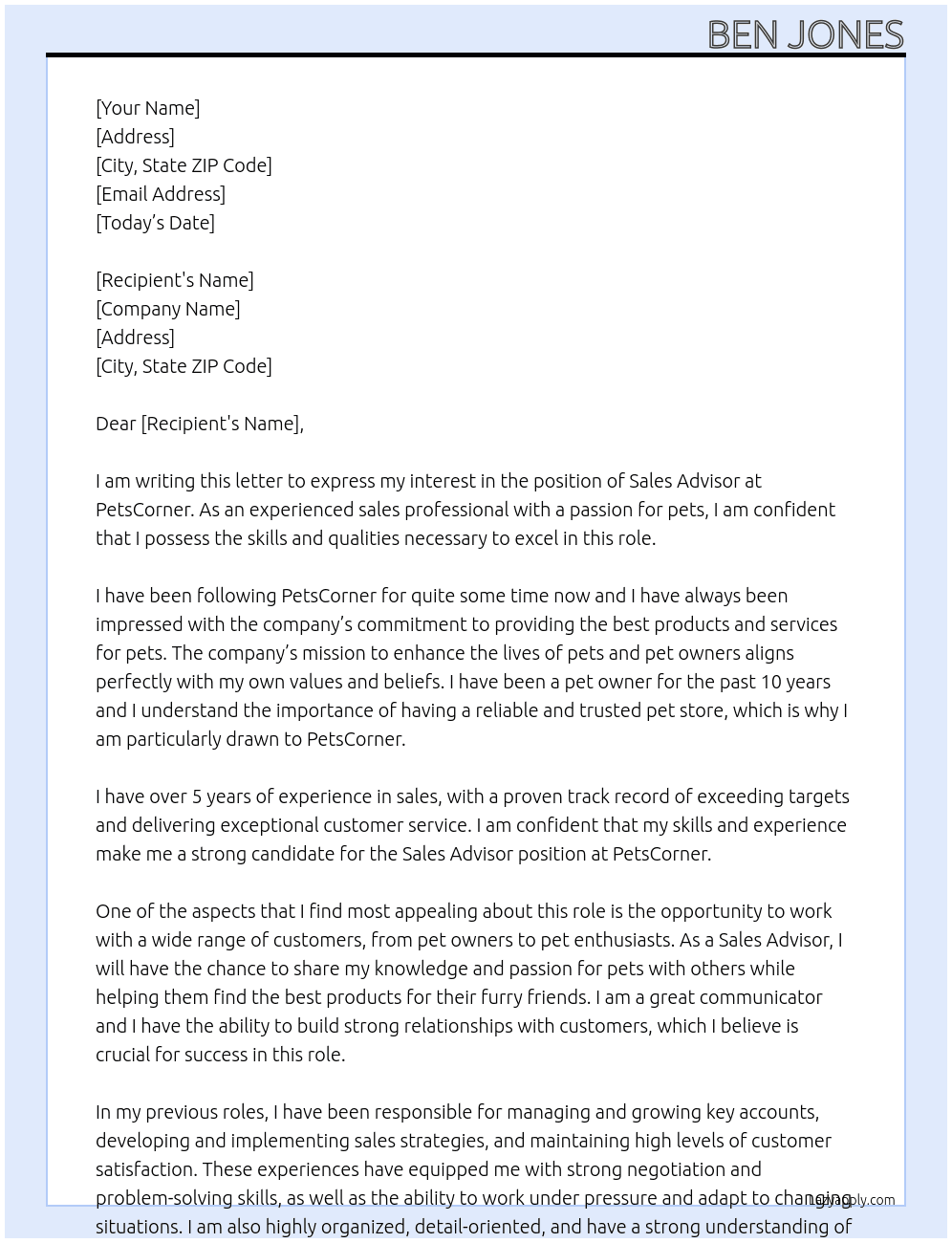 Sales Advisor At PetsCorner Cover Letter
