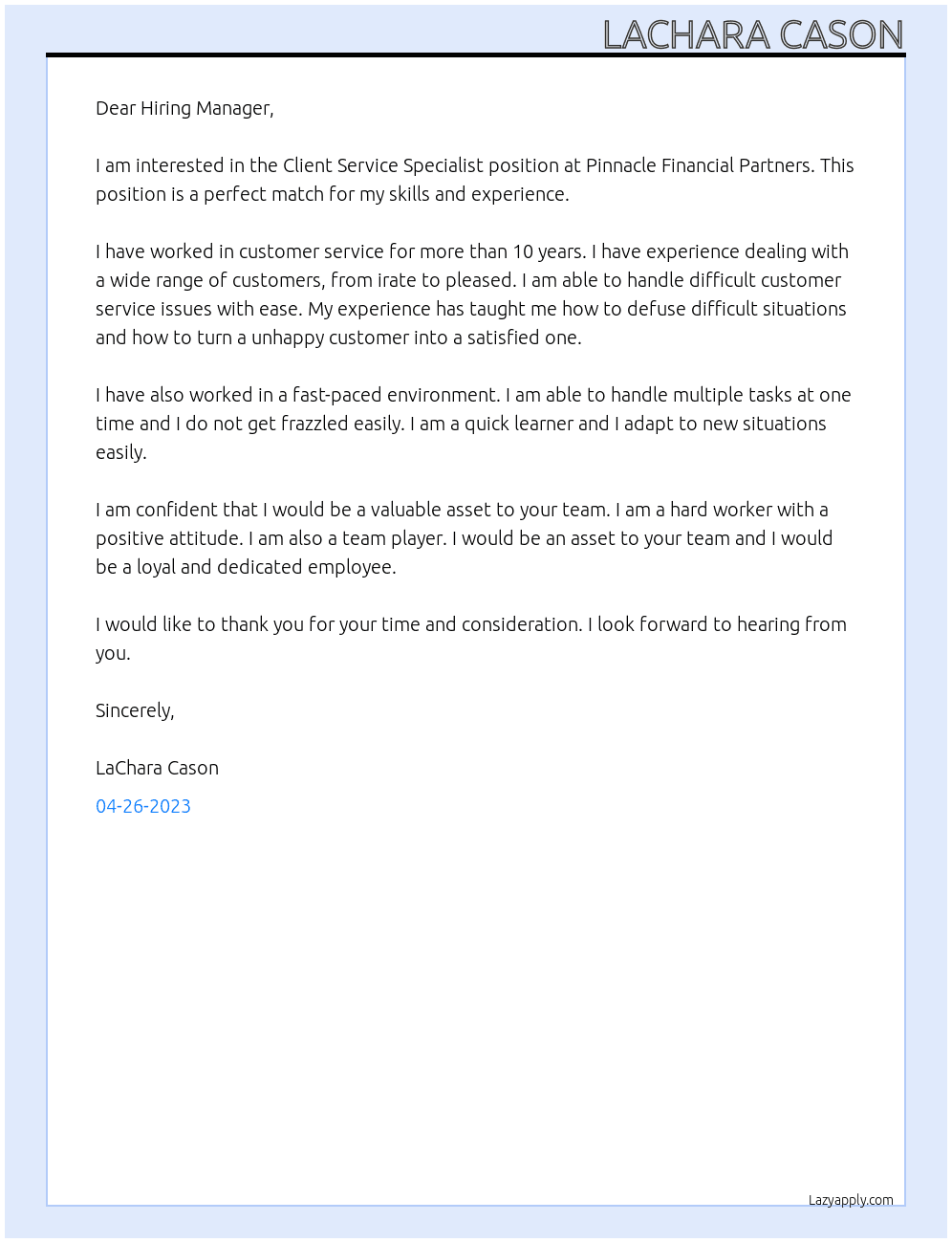 Client Service Specialist  At Pinnacle Financial Parnters  Cover Letter