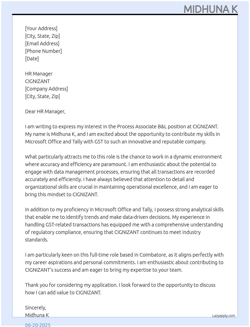 Cover letter for process associate b & l - LazyApply