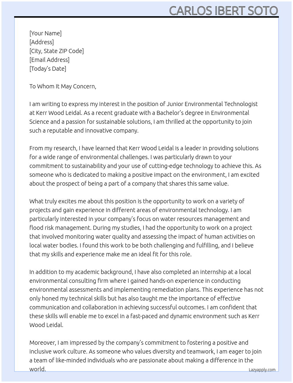 Junior Environmental Technologist At Kerr Wood Leidal Cover Letter
