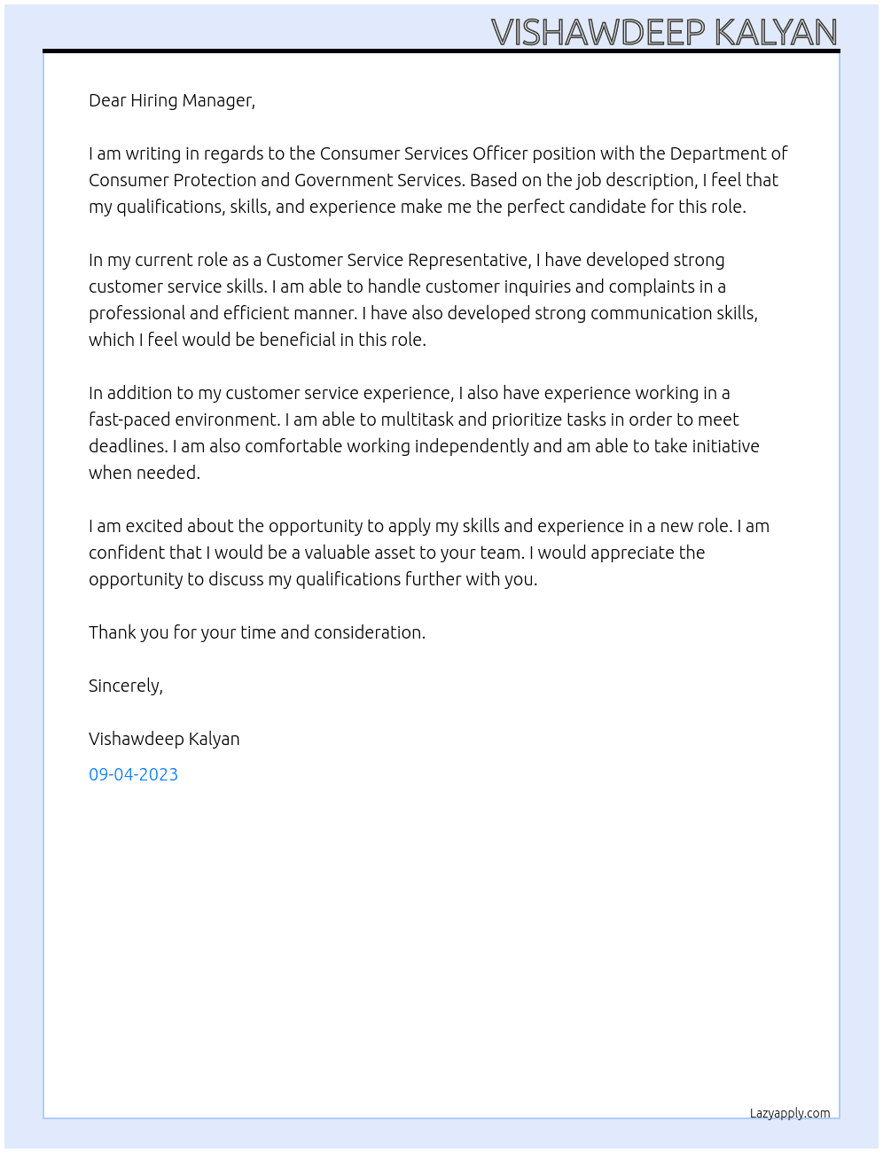 Consumer Services Officer At Department of Consumer Protection and Government Services Cover Letter