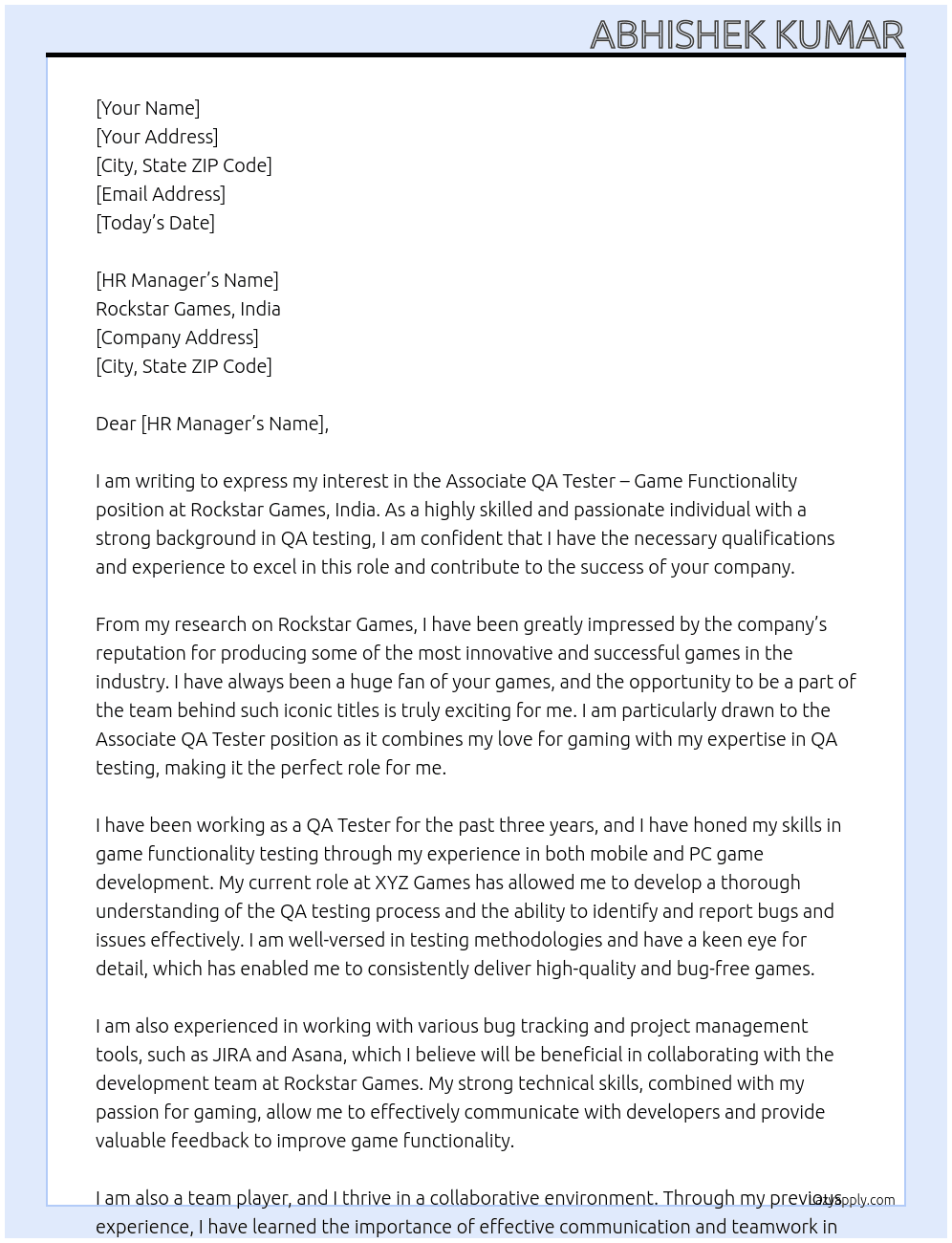 Cover letter for associate qa tester- game functionality - LazyApply