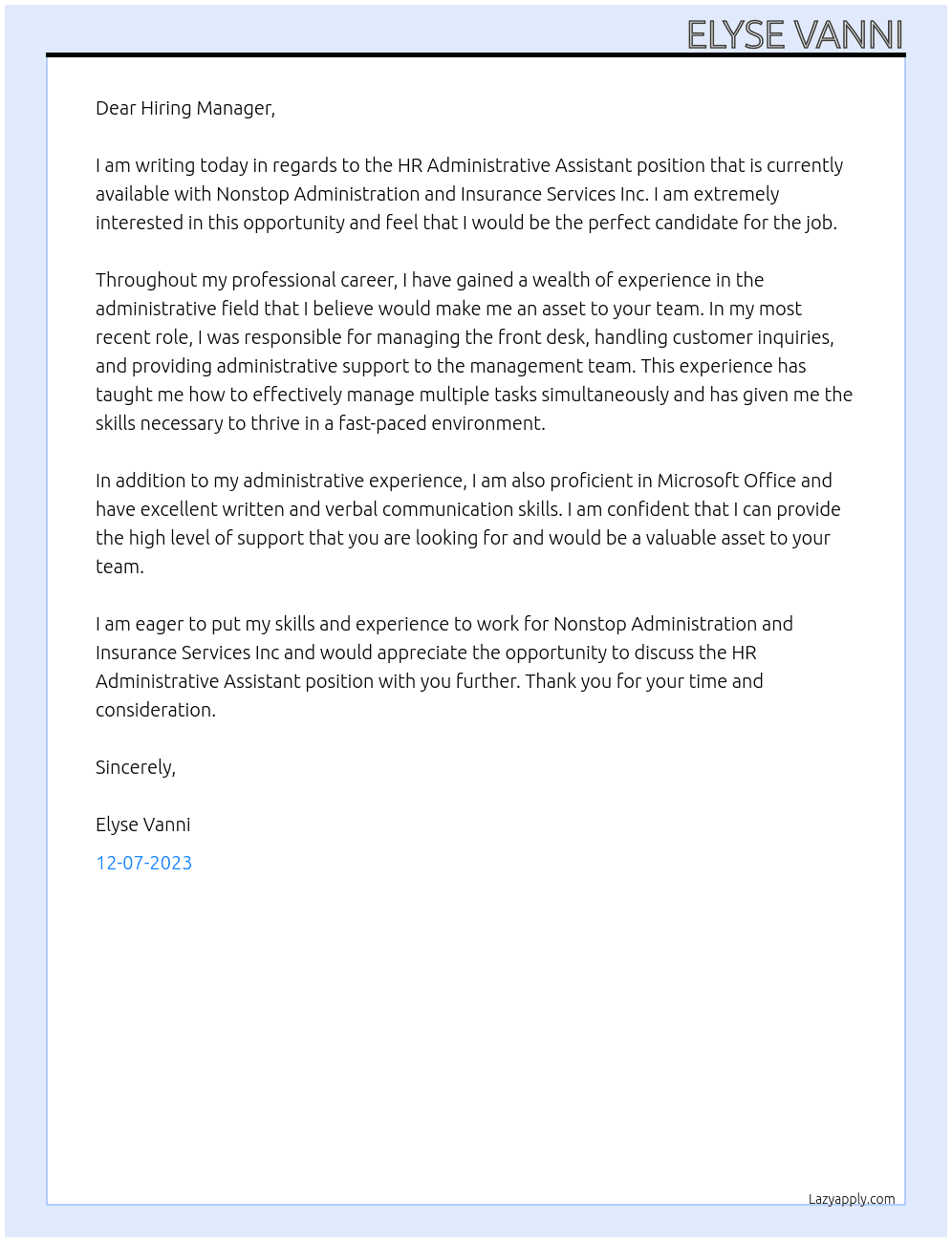 HR Administrative Assistant  At Nonstop Administration and Insurance Services Inc Cover Letter