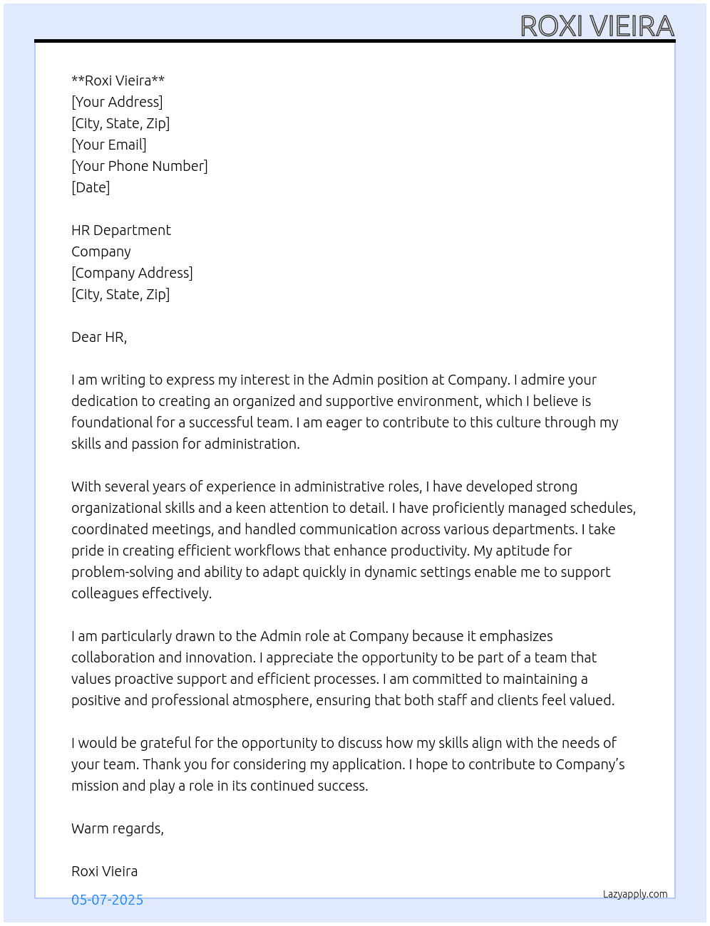 Admin  At Company  Cover Letter