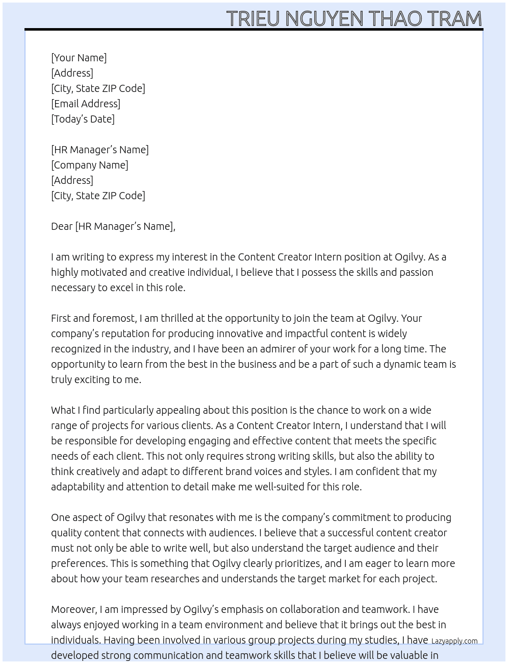 Content Creator Intern At Ogilvy Cover Letter