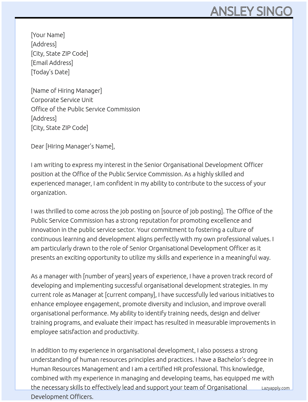 Senior Organisational Development Officer At Office of the Public Service Commission Cover Letter