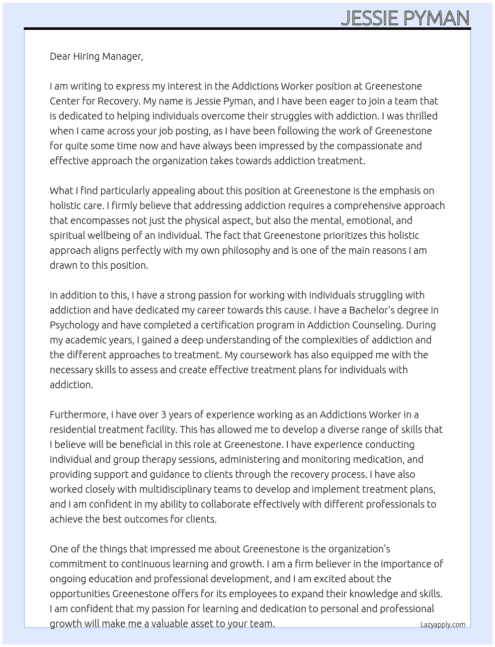 Addictions Worker At Greenestone Center for Recovery Cover Letter
