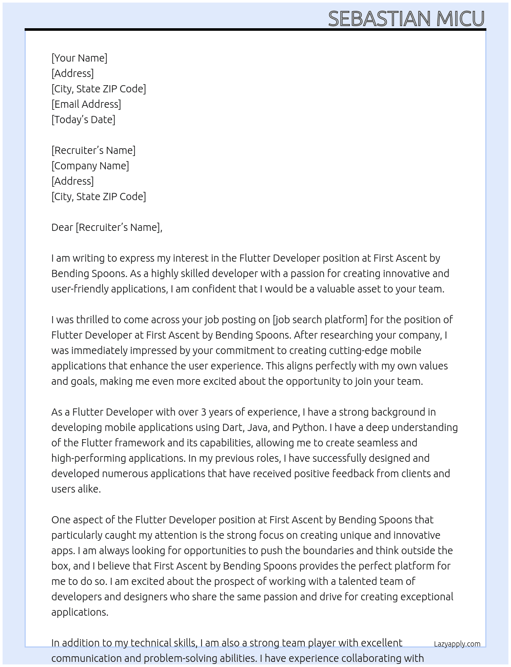 Flutter Developer At First Ascent by Bending Spoons Cover Letter