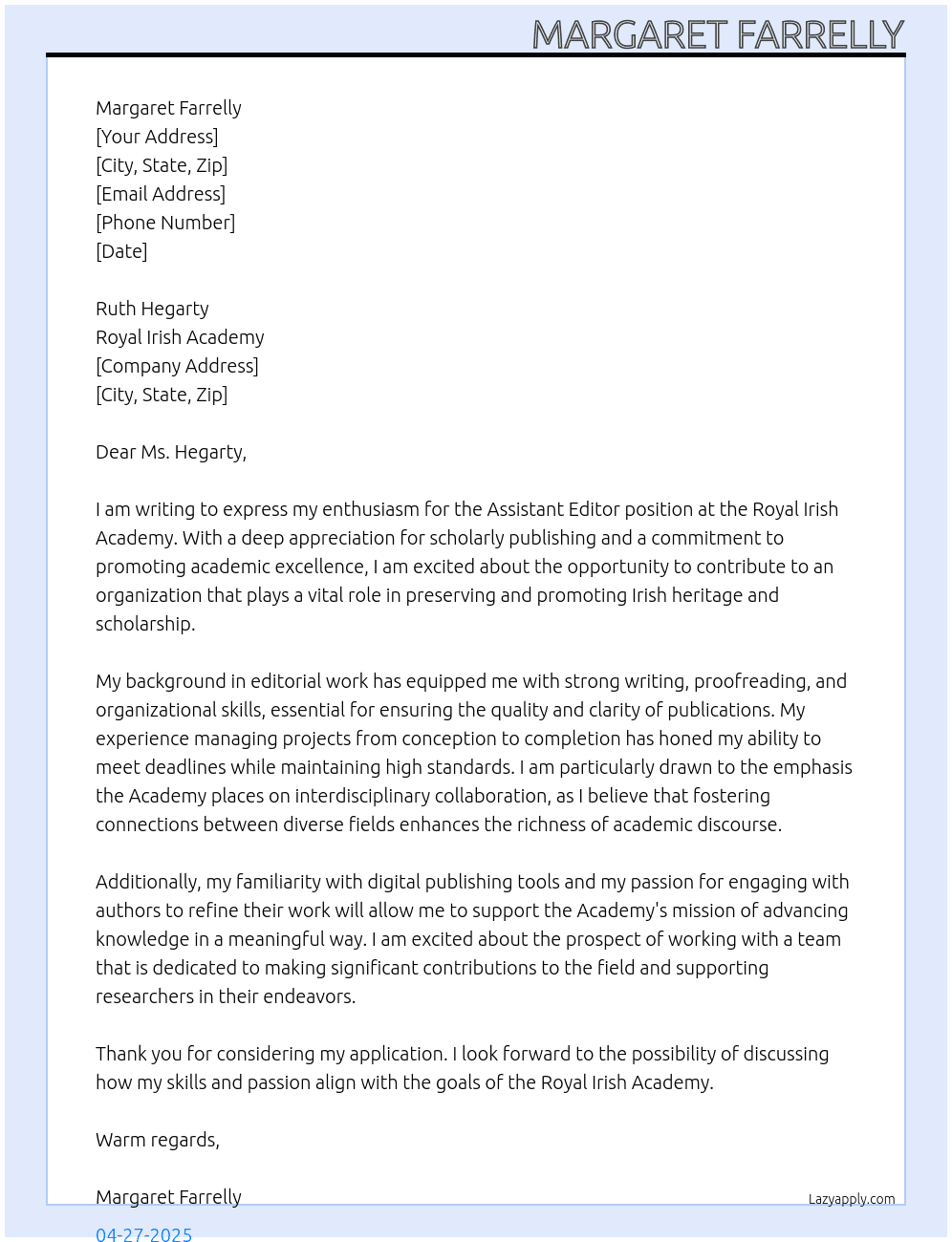 Cover letter for assistant editor - LazyApply
