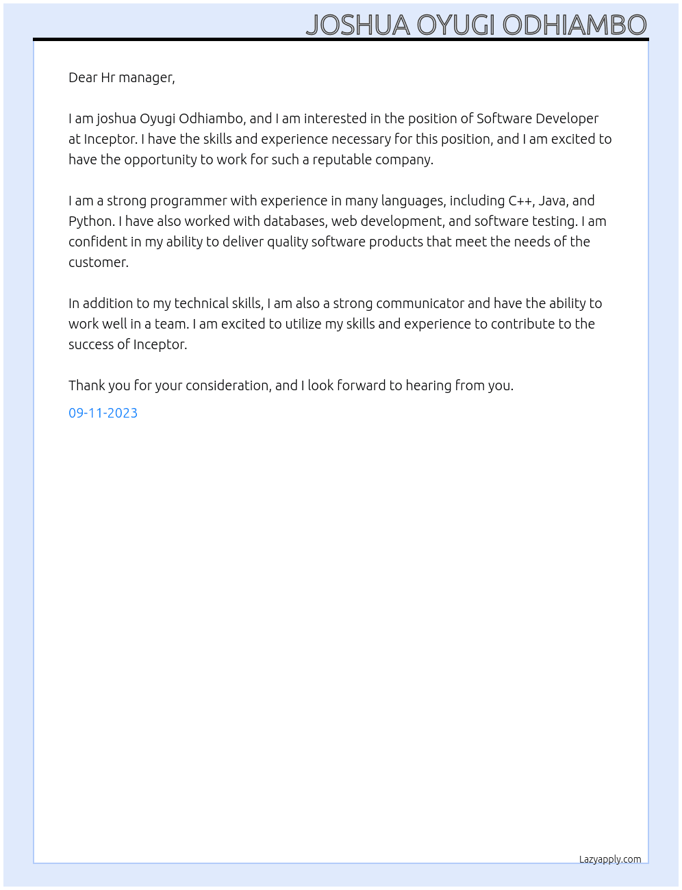Software Developer At inceptor Cover Letter