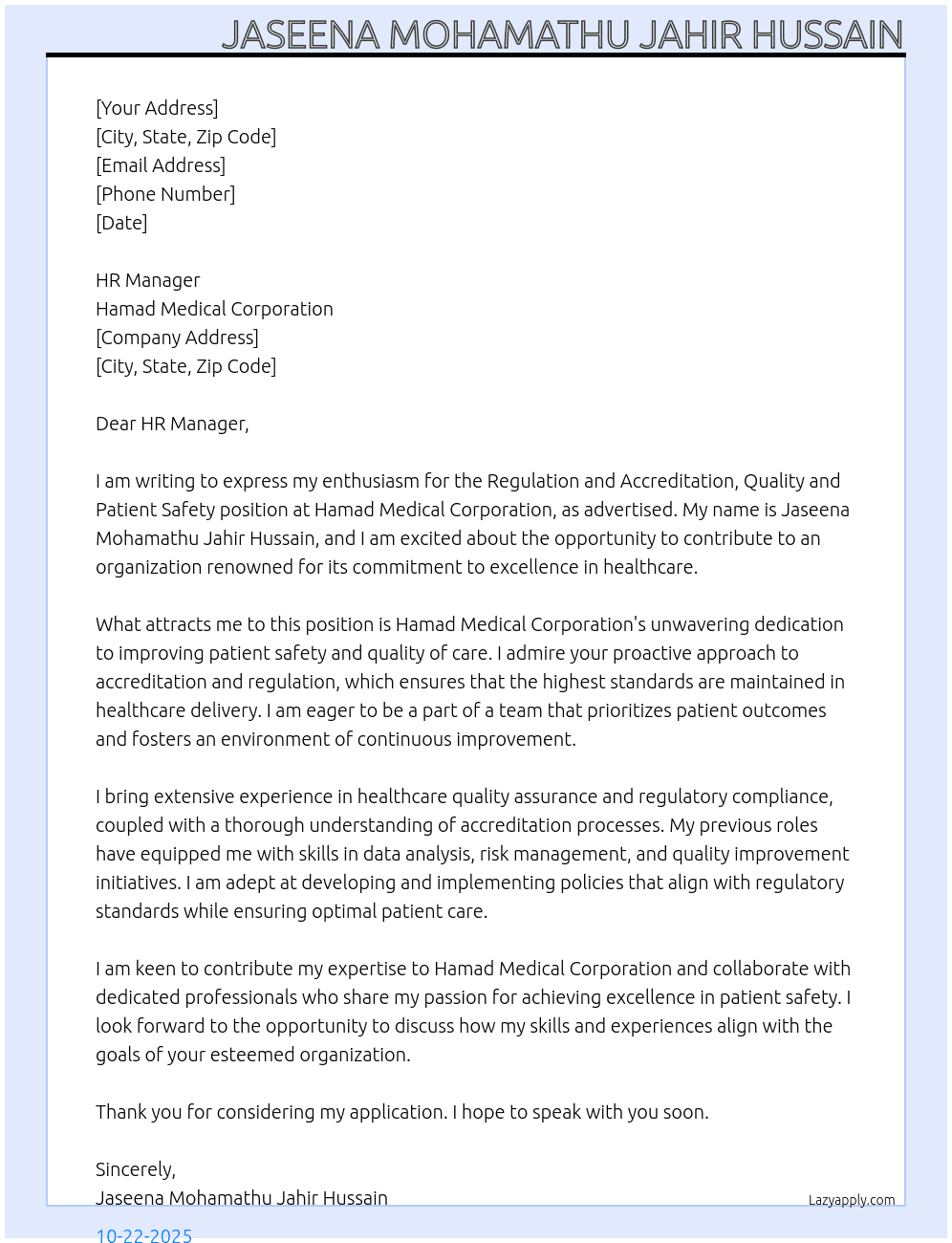 Cover letter for regulation and accreditation.quality and patient safety - LazyApply