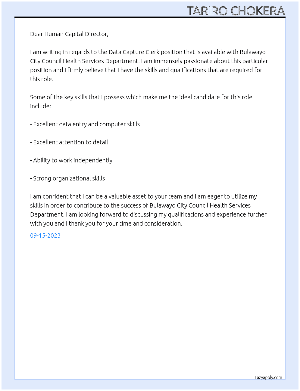 Data  capture clerk At Bulawayo city council health services department  Cover Letter