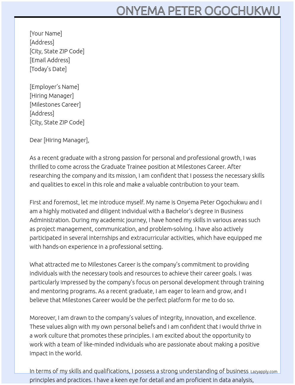 graduate traineer At milesones career Cover Letter