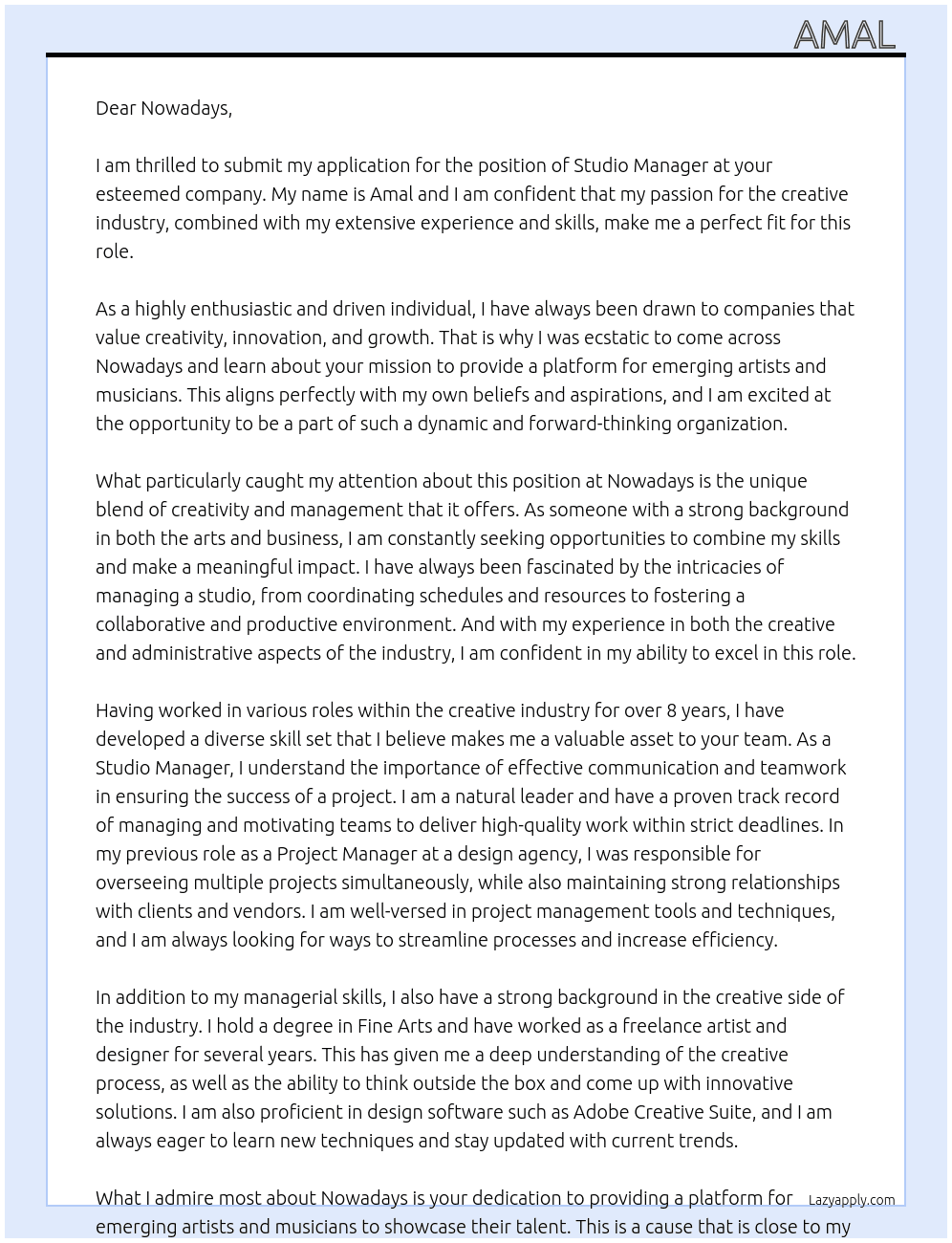 Studio Manager At Nowadays Cover Letter