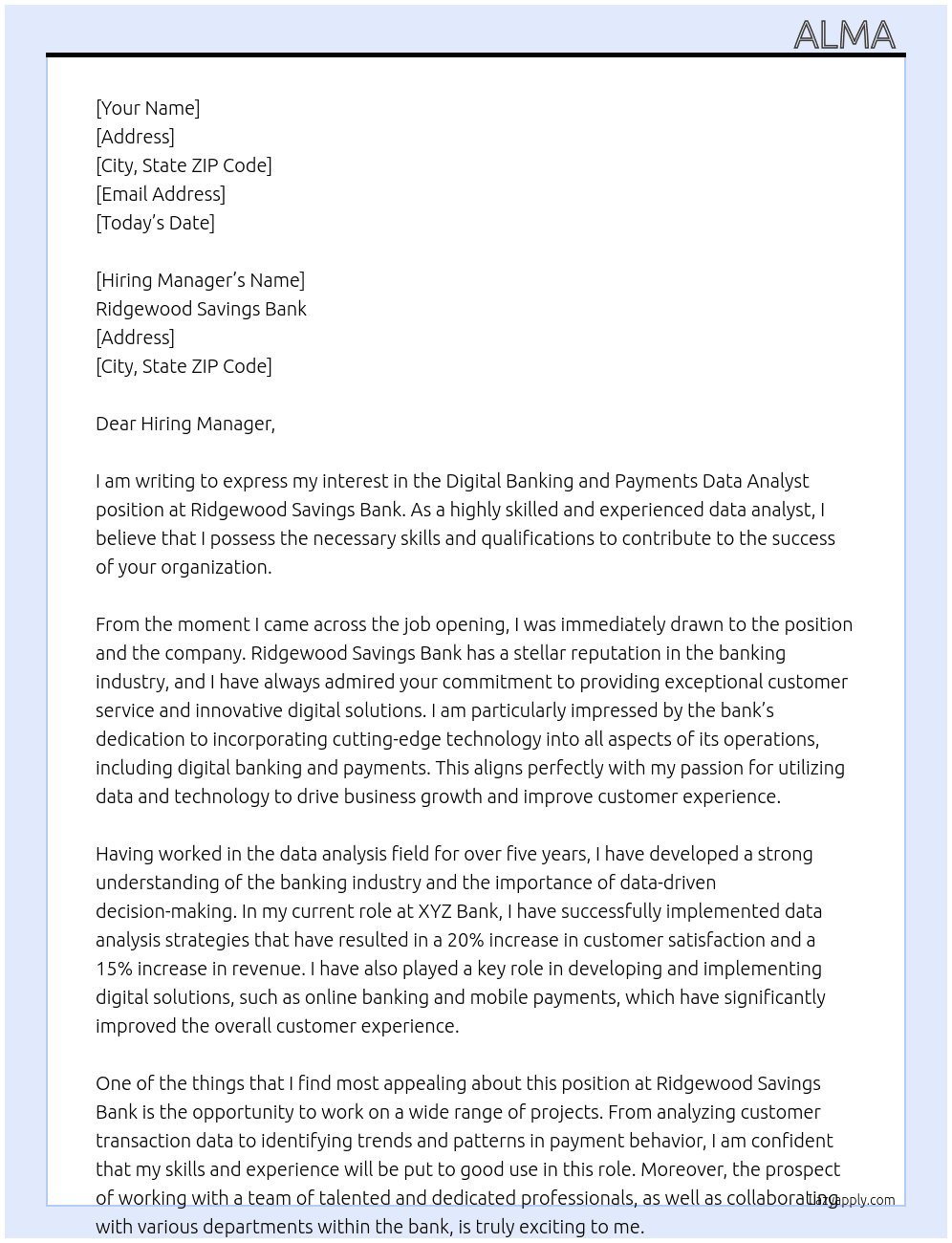 Digital baking and payments data analyst At Ridgewood savings bank Cover Letter