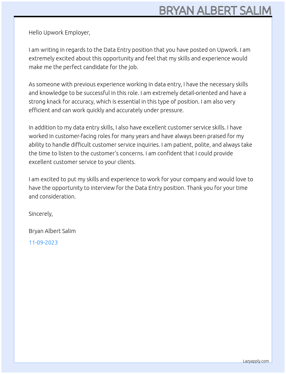 Data Entry At Upwork Employer Cover Letter