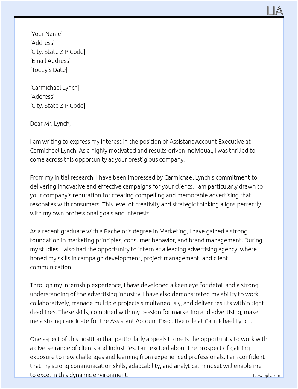 Assistant Account Executive At Carmichael Lynch Cover Letter