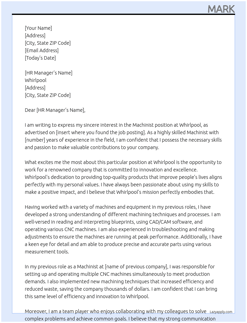 Machinist At Whirlpool Cover Letter