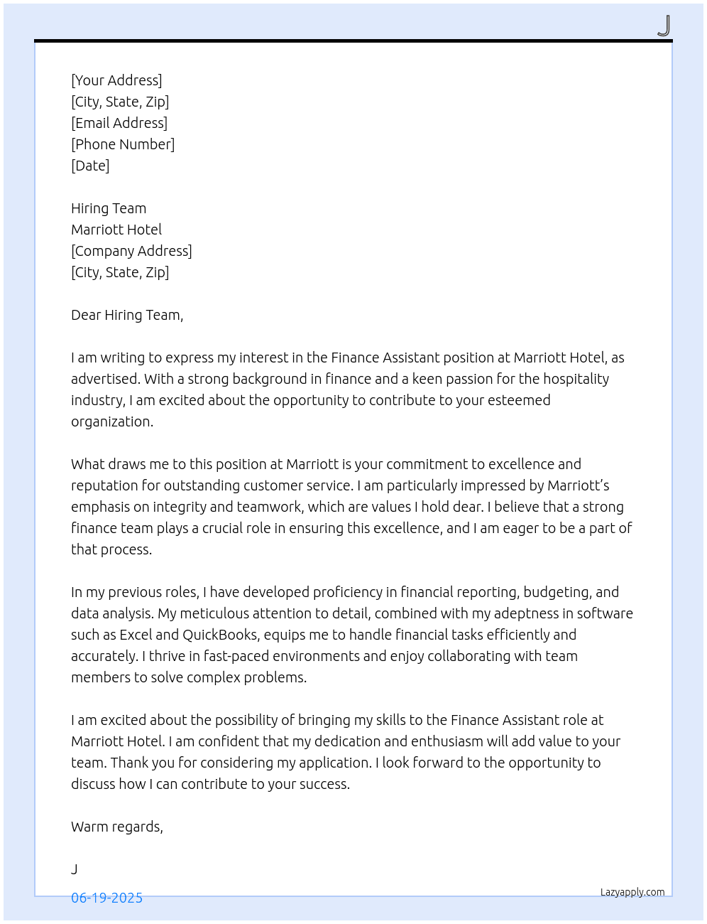 Finance Assistant At Marriott Hotel Cover Letter