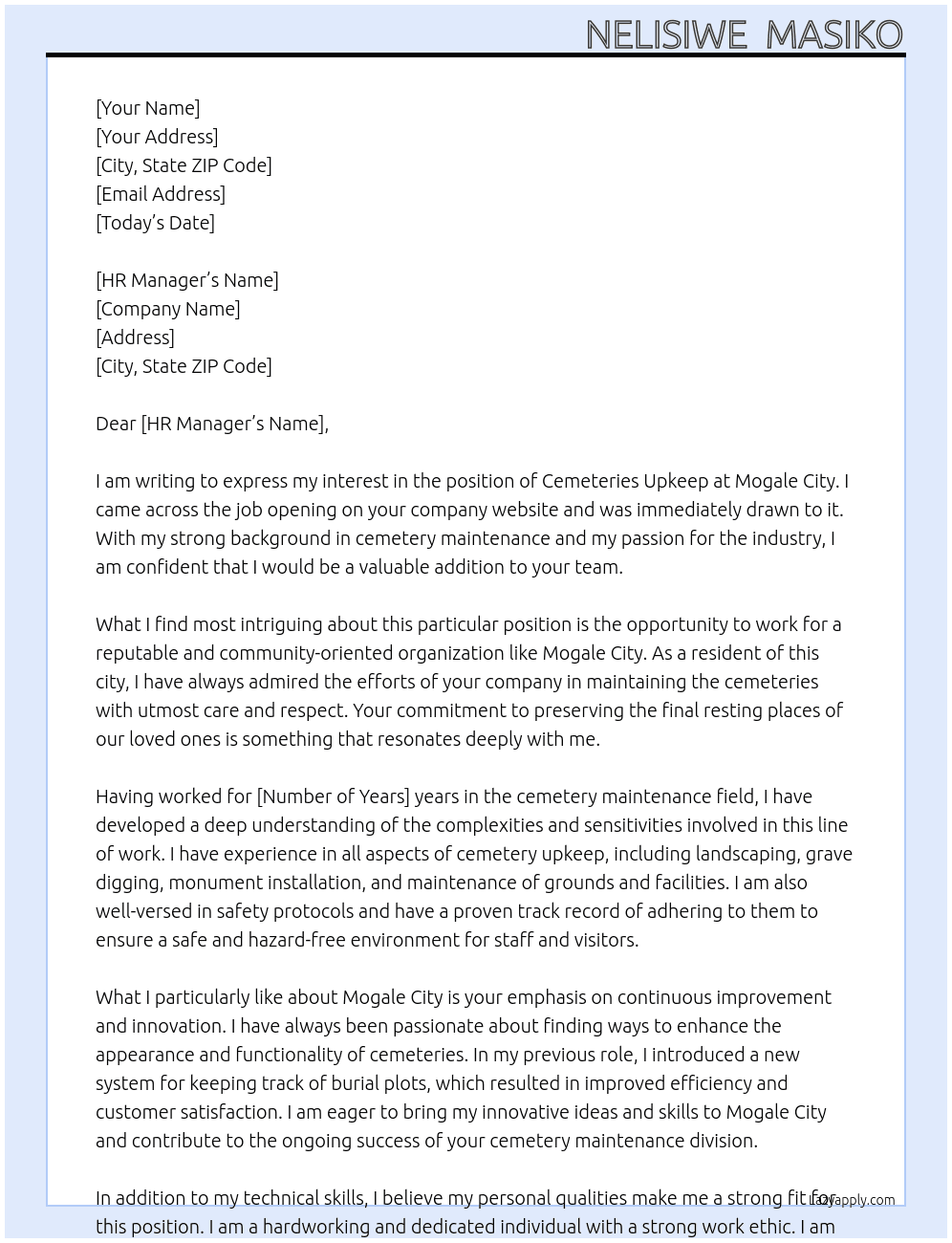 cemetries upkeep At mogale city Cover Letter