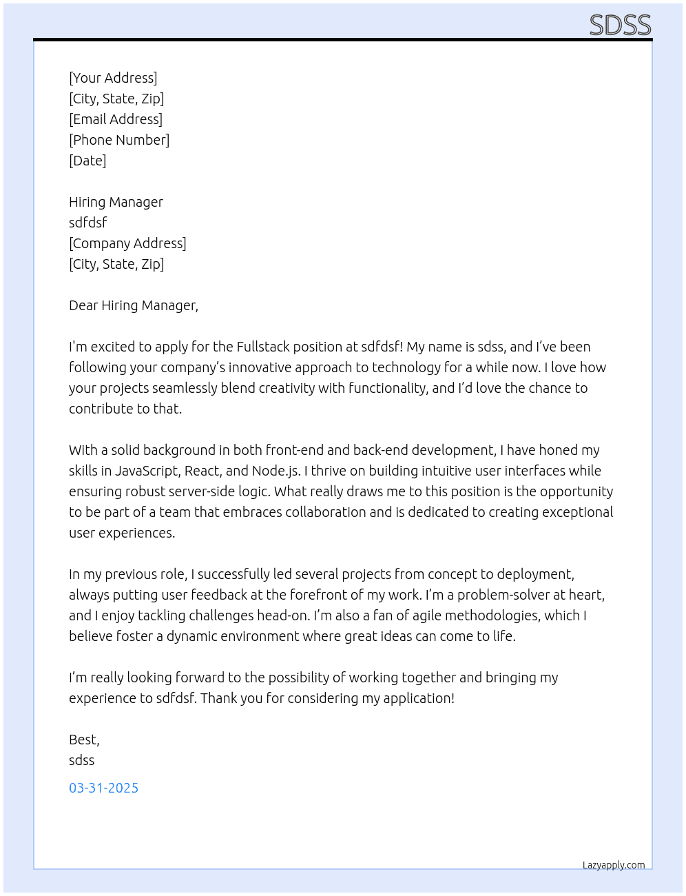 fullstack At sdfdsf Cover Letter