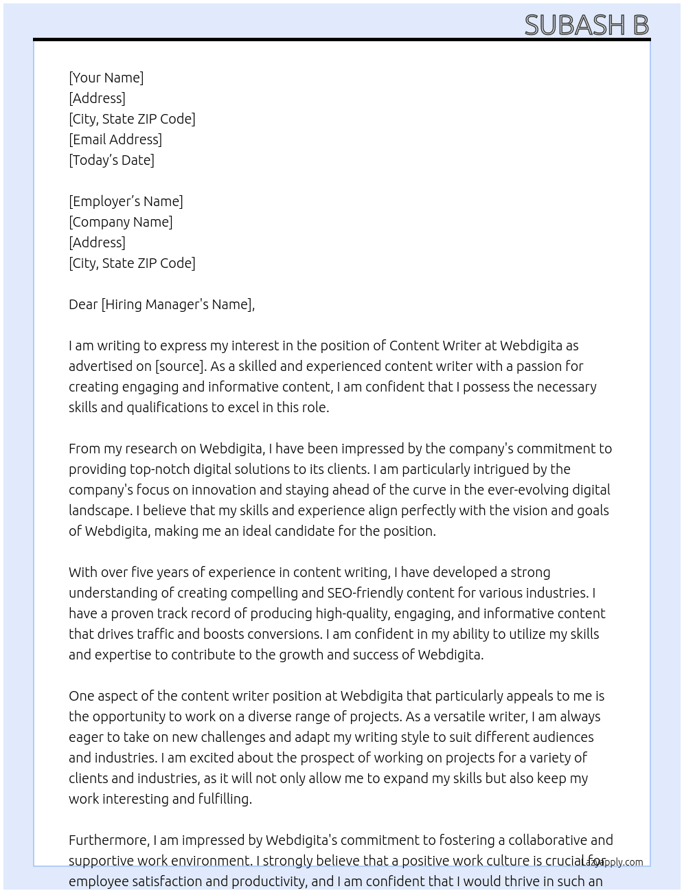 Content writer At Webdigita Cover Letter