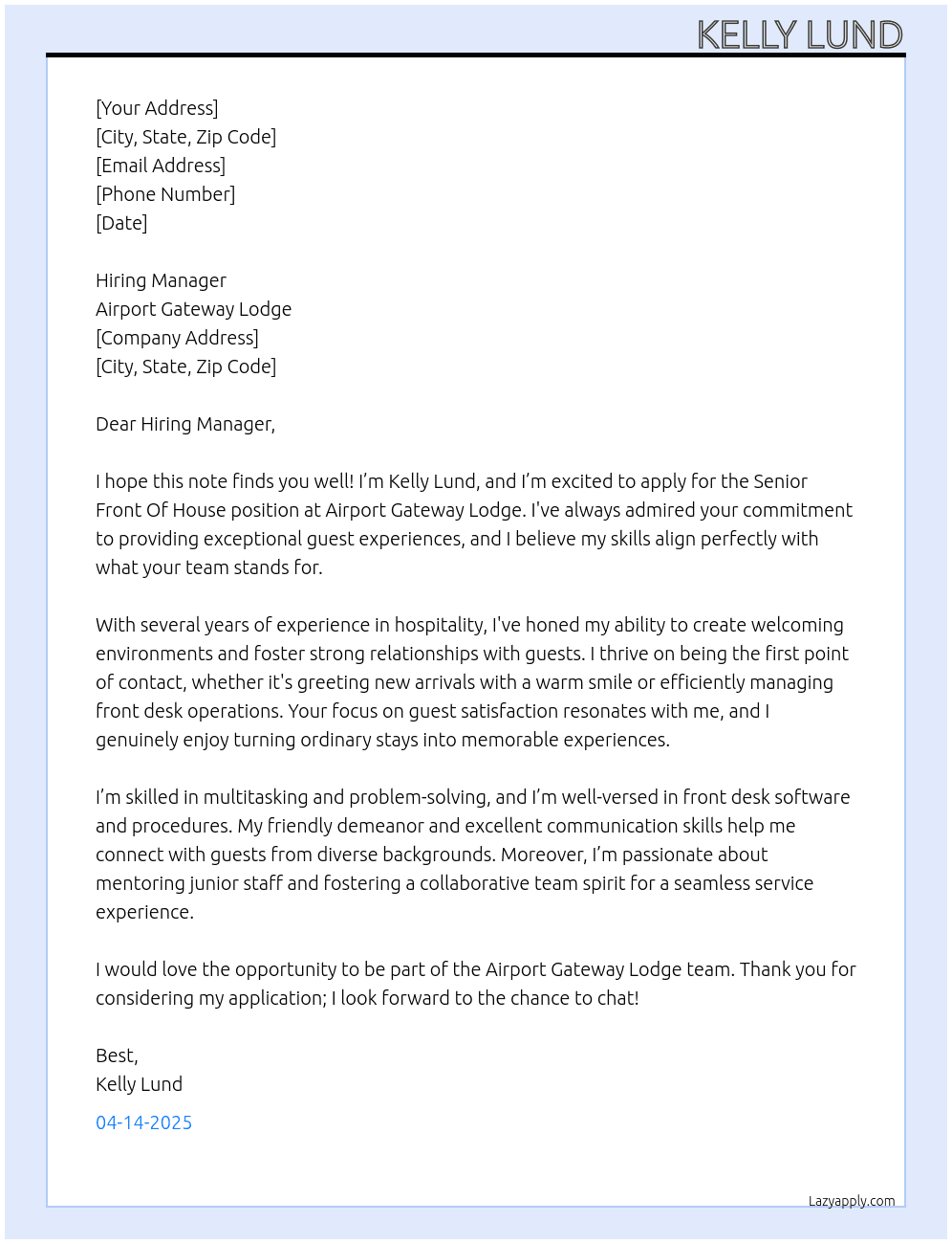 Senior Front Of House At Airport Gateway Lodge Cover Letter