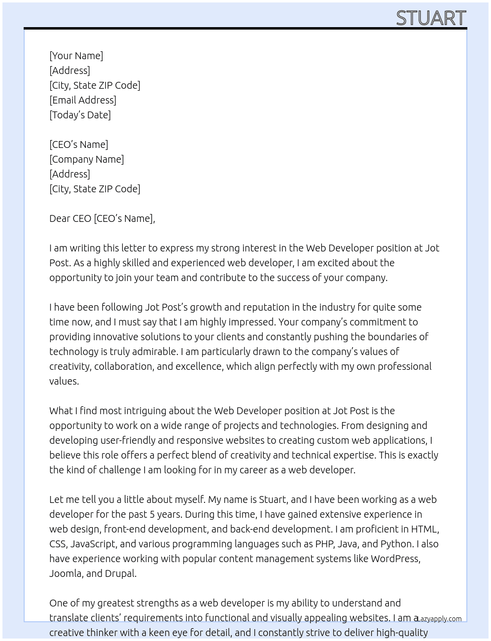 Web developer At Jot post Cover Letter