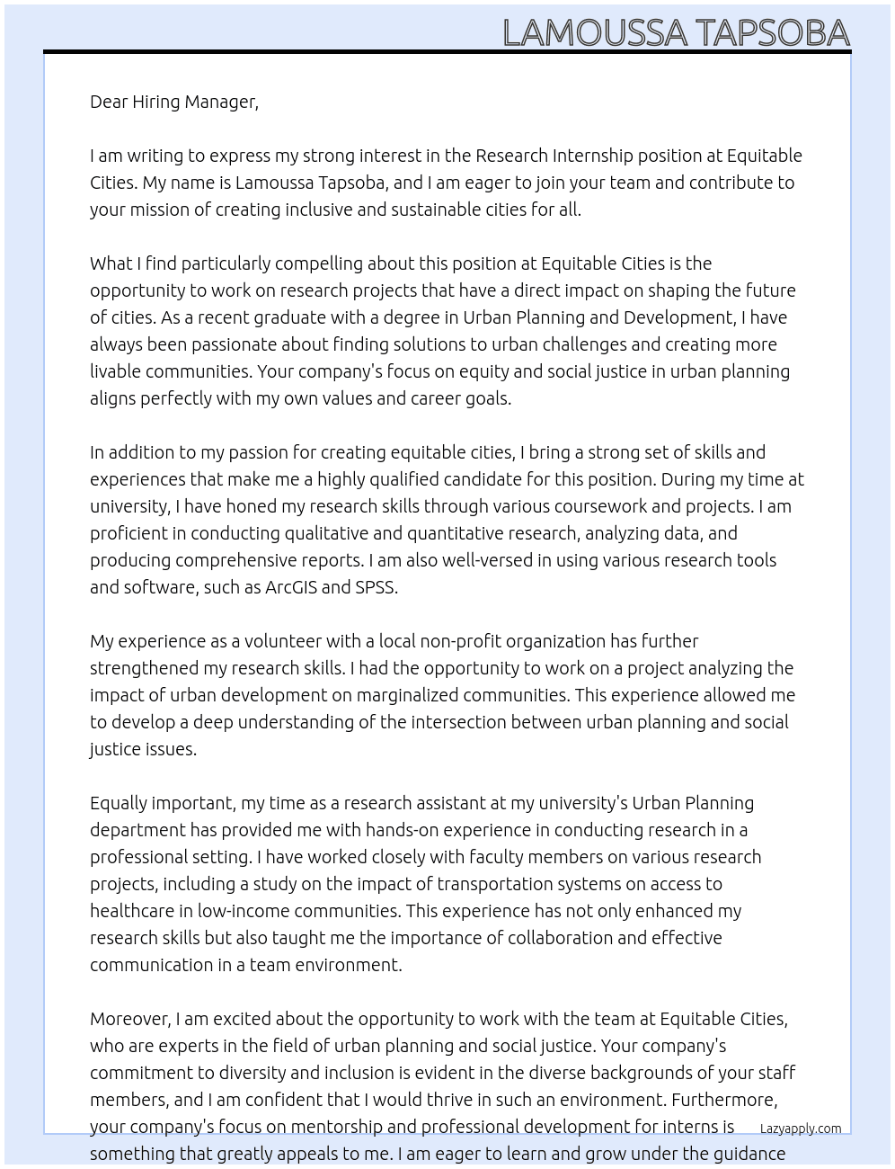Research Internship At Equitable Cities Cover Letter