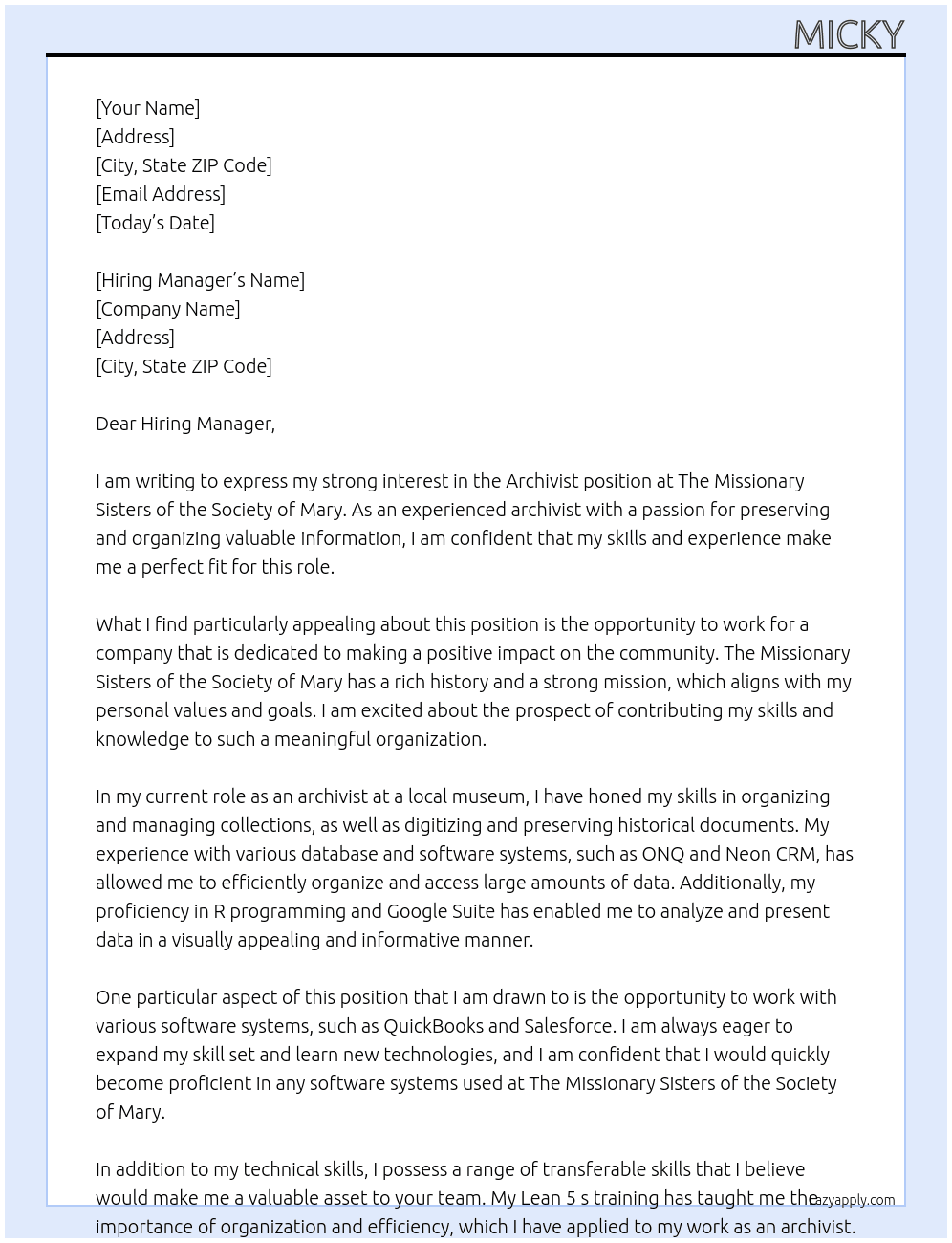 Cover letter for archivist - LazyApply