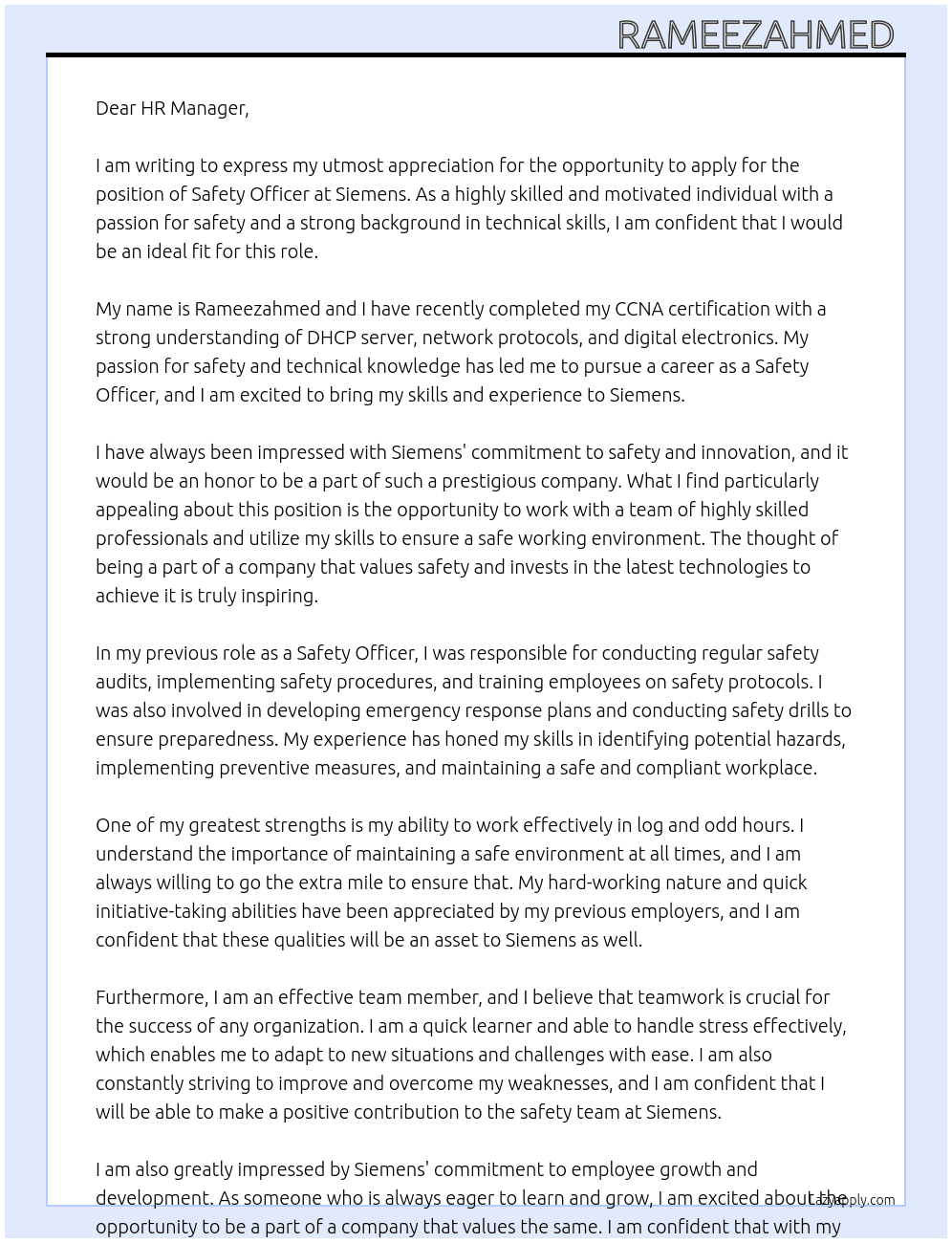 Safety officer  At Siemens  Cover Letter