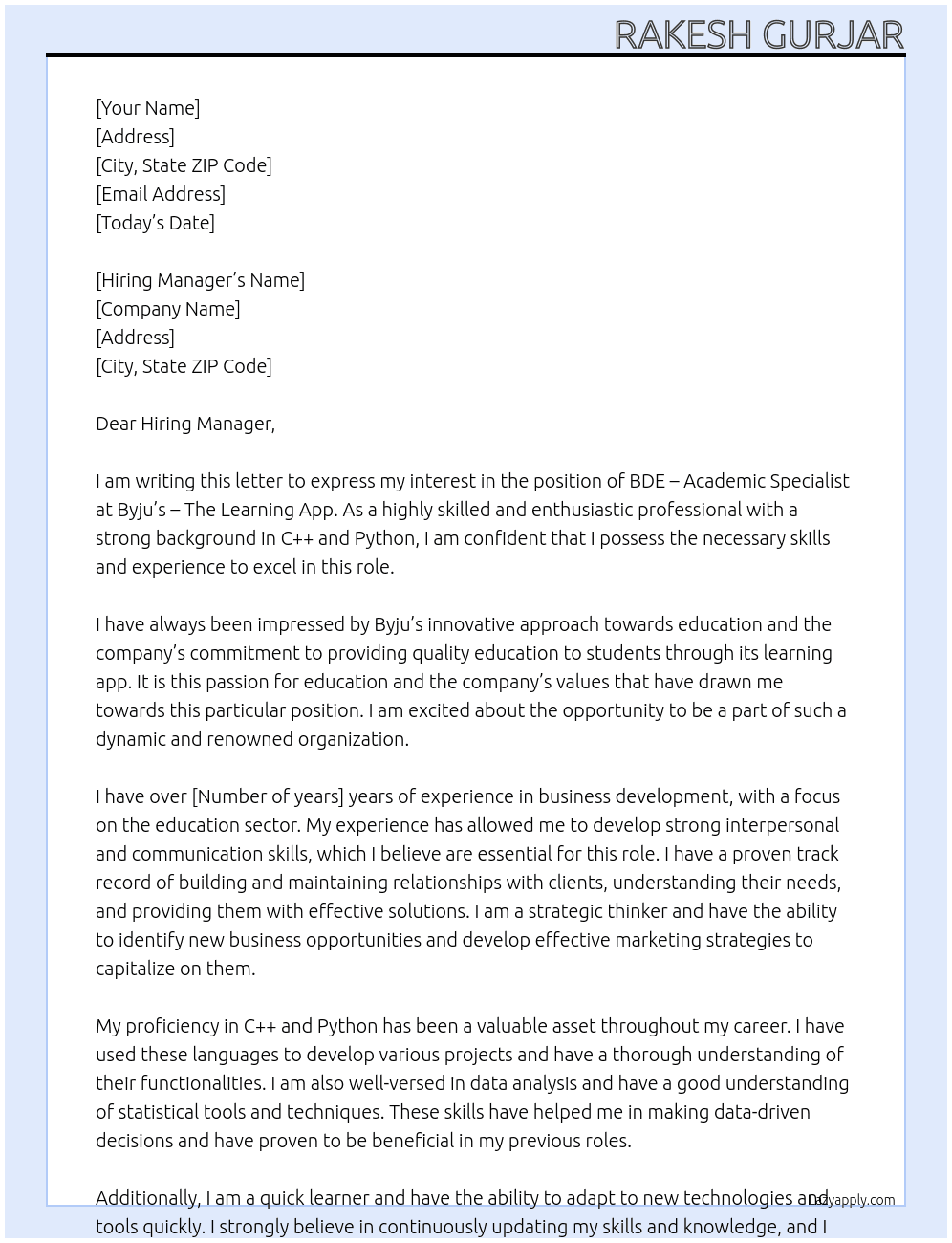  BDE – Academic Specialist At Byju’s – The Learning App Cover Letter