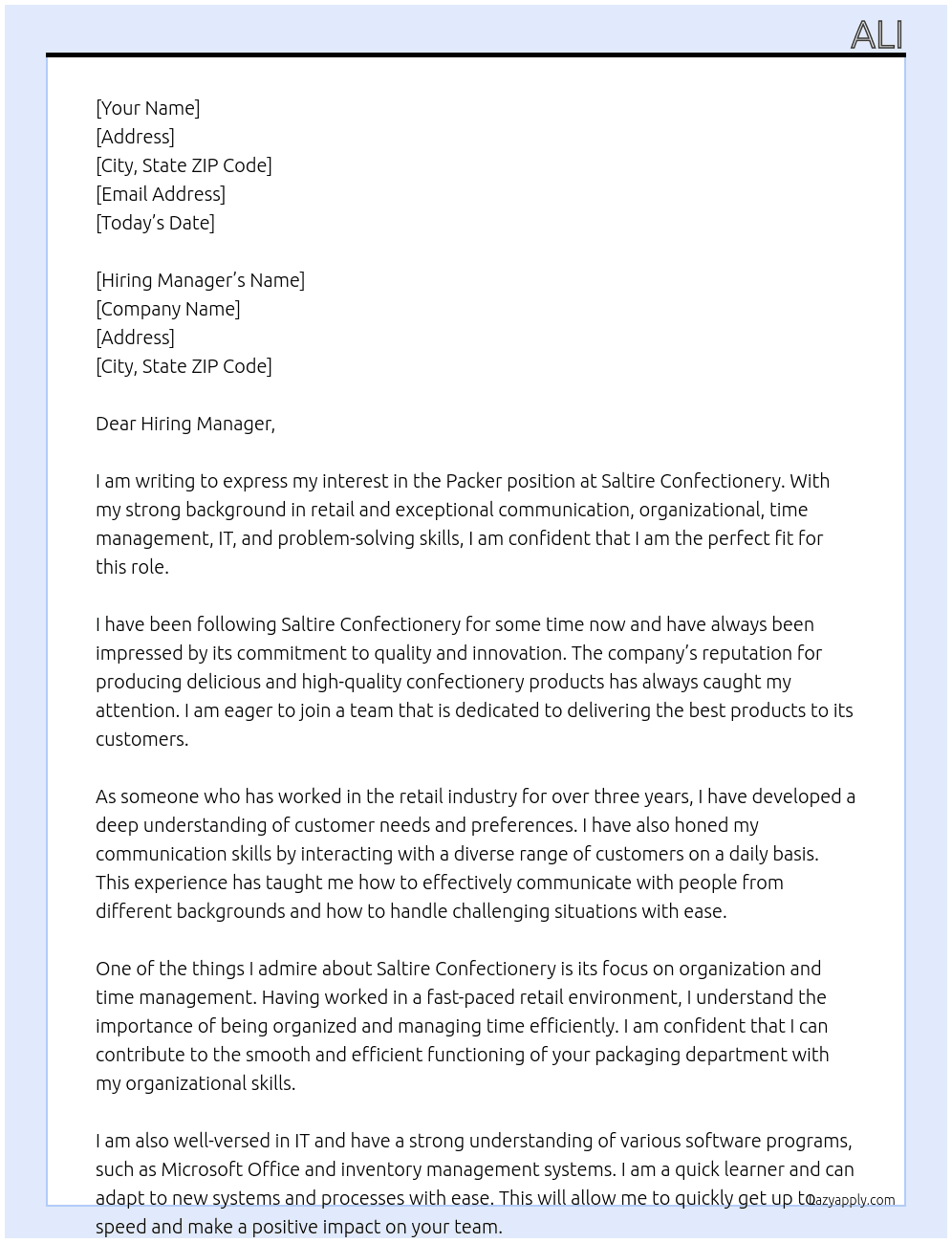 Packer At Saltire Confectionery Cover Letter