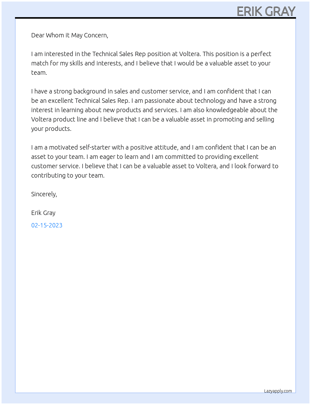 technical sales rep At Voltera Cover Letter