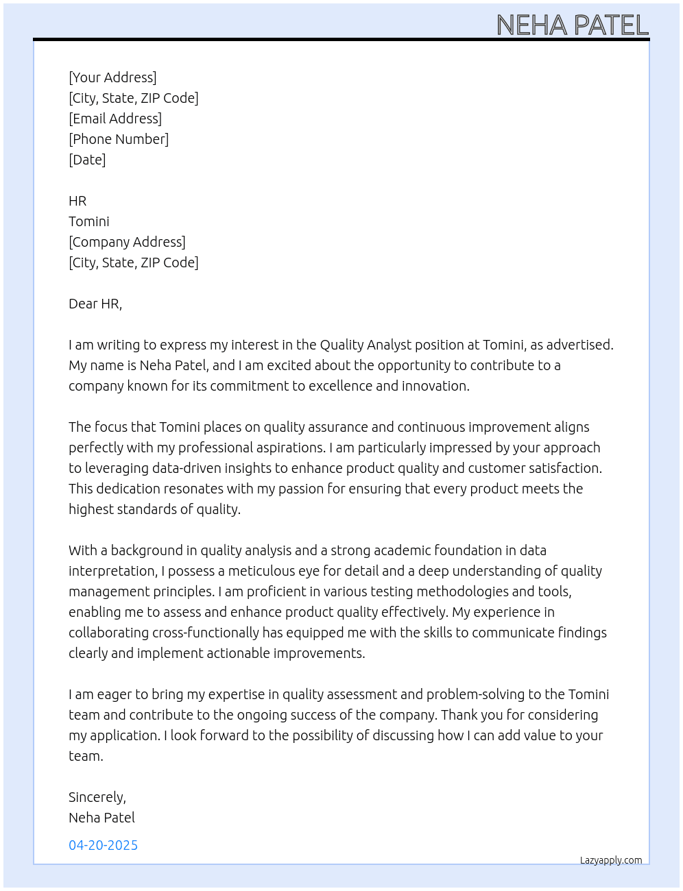 Quality Analyst At Tomini Cover Letter