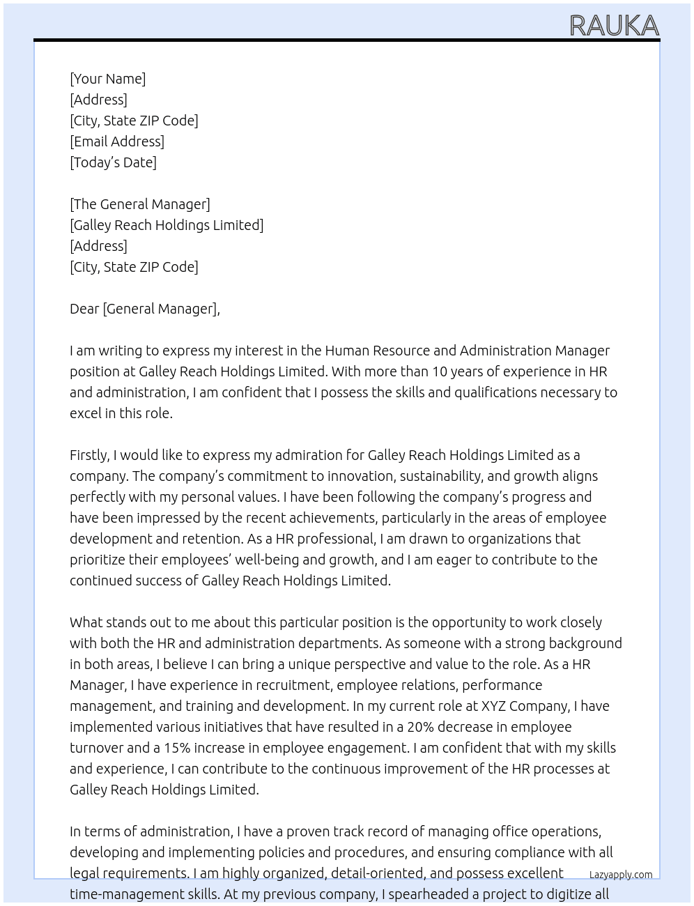 Human Resource and Administration Manager At Galley Reach Holdings Limited Cover Letter