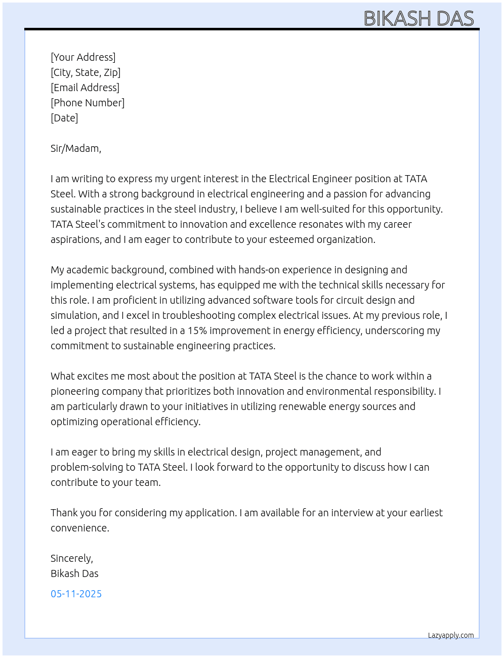 Electrical engineer  At TATA steel  Cover Letter